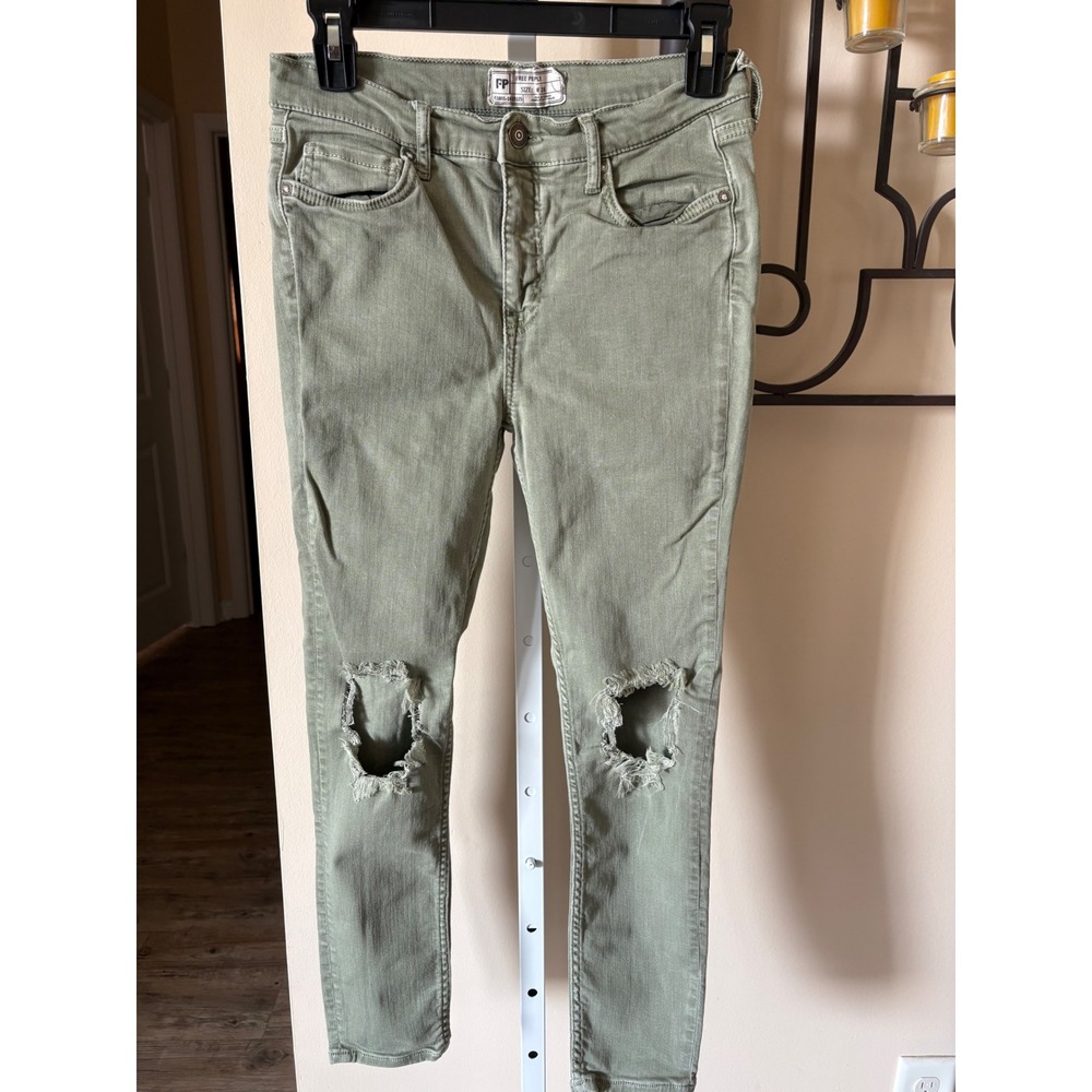 Free People Sage Green Distressed Skinny Jeans Size 28 Ripped Knee Faded Denim